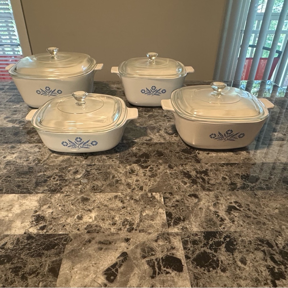 Corningware White Casserole Dish with Blue Floral Design